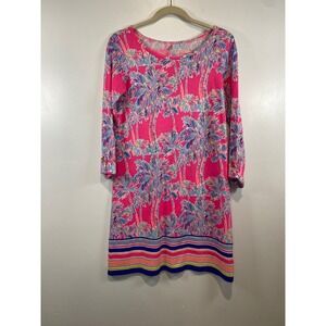 Lilly Pulitzer Linden Dress Shift‎ Palm Print 3/4 Sleeve Pink Blue Size S